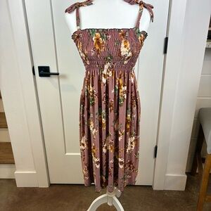 Win Win Women's Brown Floral Smocked Midi Dress Summer Beach Size Small  b